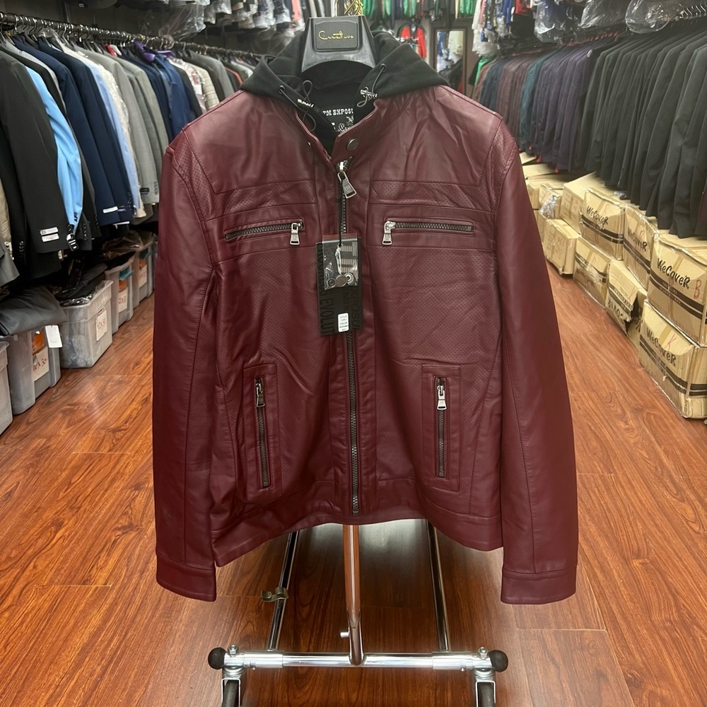 Men’s burgundy and Black PU Leather Casual Jacket with removable Hoodie